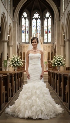 Vestido de novia sirena en cascada volantes plisado lentejuelas champán talla 8-10 UK  Foto 1 de 4