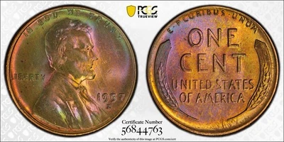 1957-D Lincoln Wheat Cent, PCGS MS65RB, Rainbow Toned! - Image 1 of 4