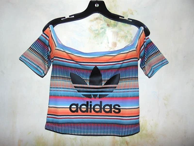 Adidas Multicolor Rayas Cuello Cuadrado Recortado Ropa Activa Gimnasio Entrenamiento Top Pequeño Foto 1 de 4