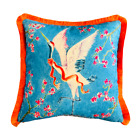 Crane Pattern Throw Pillow, Blue Velvet Pillow Case, Orange Tassel, Animal Print
