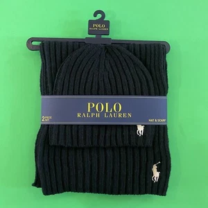 Polo Ralph Lauren Wollmischung gerippter Schal & Beanie Mütze Set schwarz weiß NEU - Bild 1 von 4