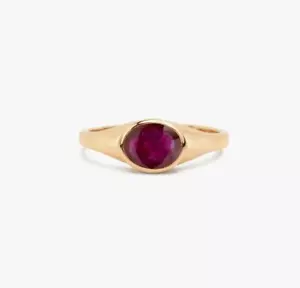 18k Solid Yellow Gold Natural Oval Cut Red Ruby Signet Propose Ring - Picture 1 of 5