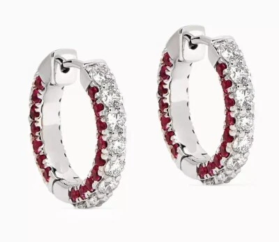 1.28ct Natural Round Diamond 14k White Gold Ruby Wedding Hoop Earrings - Image 1 of 3