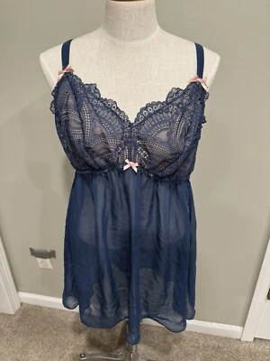 Cacique Lingerie Babydoll 18/20 Blue Sheer Lace Trim Wireless - Image 1 of 4