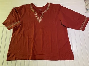 D & Co V Neck ¾ Sleeve Burnt Orange Shirt 3X Embroidered Floral - Picture 1 of 6