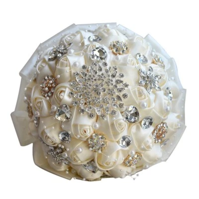 Broche hecho a mano de lujo de perlas de seda rosa estrás boda ramo de novia marfil Foto 1 de 4