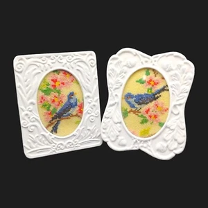 Framed Miniature Cross Stitch Birds - 3" Small Blue White Floral Flowers - Picture 1 of 6
