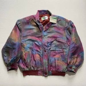Vintage Far Jacket Womens Medium Multicolor Silk Bomber Tie Dye Quilted 90s READ - Picture 1 of 15