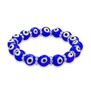 Colorful Turkish Glass Bead Evil Eye Stretch Bracelet with Crystal Spacers - Picture 1 of 28