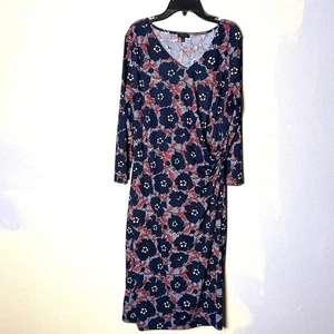 Talbots Kleid Gr. L dunkel geblümt V-Ausschnitt Faux Wickel blau Jersey Stretch 3/4 Arm - Bild 1 von 10