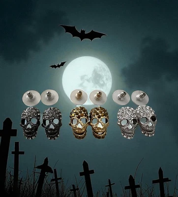 NUEVO CON ETIQUETAS Pendientes Calavera Cristal Tachonado Plata ~Negro ~Dorado Brillante Halloween Brillante Foto 1 de 4