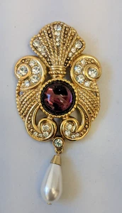 Vintage Jeff Lieb Gold Clear Crystal Pearl Cabochon Purple Stone 4” Brooch Pin - Picture 1 of 5