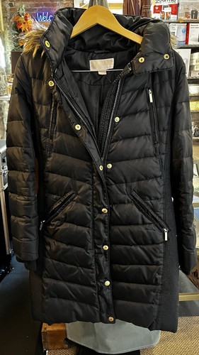 Cappotto imbottito Michael Kors pelliccia orlo cappuccio nero donna taglia S