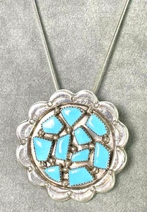 G & L Leekity Zuni Turquoise Cluster Pin Pendant Brooch Sterling Hand Stamped - Picture 1 of 11