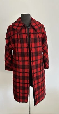 Abrigo Columpio Vintage 1950’s 1960’s Lana Rojo Negro Cuadros REVERSIBLE Mujer’s Open Foto 1 de 4