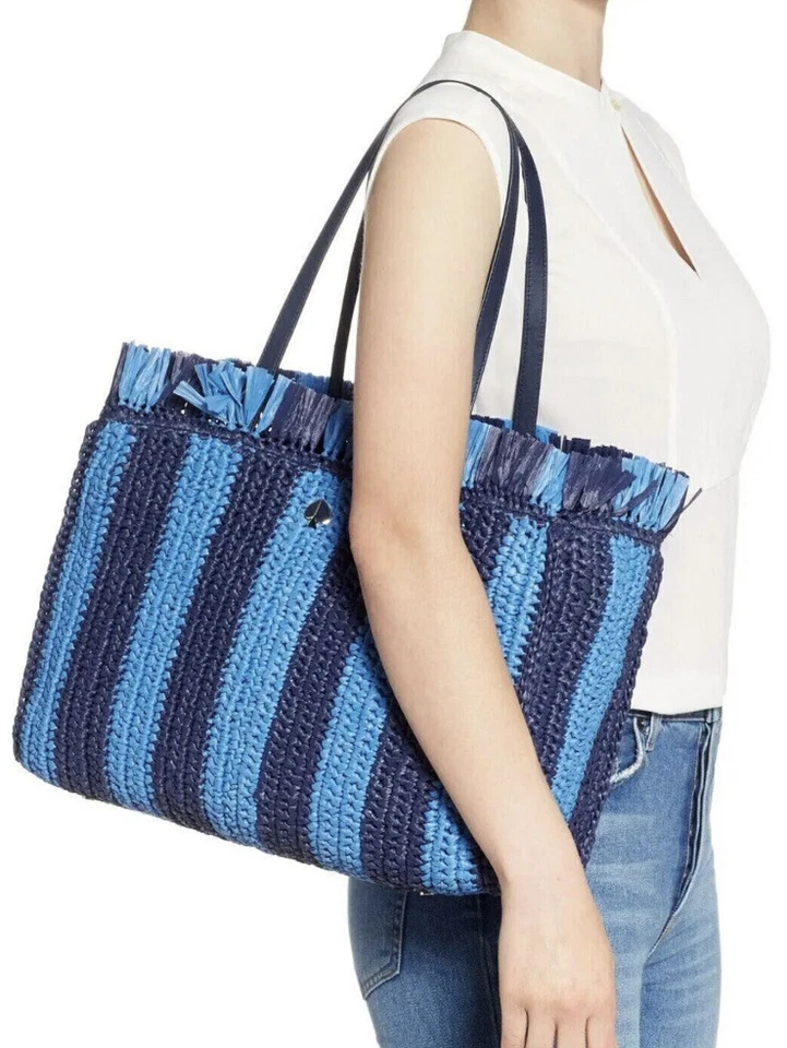Kate Spade Large Straw Sam Tote Blue Stripe Beach Towel Set of 2