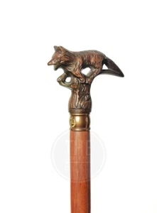 Stylish Solid Brass Running Fox Head Handle Victorian Wooden Walking Stick Cane - Picture 1 of 6