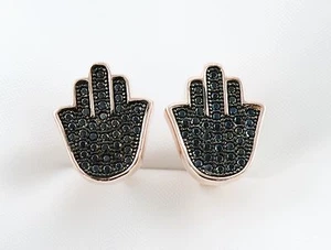 Rose Gold Over 925 Silver Hamsa Stud Earrings Paved W. Black Cubic Zirconia - Foto 1 di 6