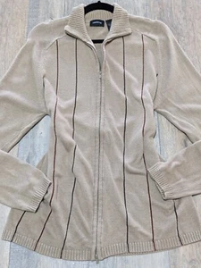 Sweater Jacket Womens Large Brown Striped Long Sleeve Zip Up Knit Preppy - Picture 1 of 6