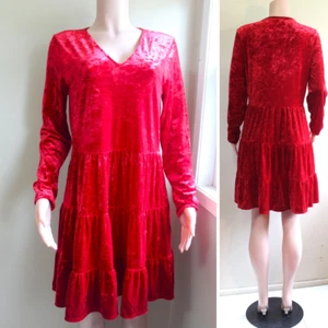 Red Crushed Velvet Dress M Medium V Neck LS Tiered Knee Skirt Whimsigoth CeCe - Picture 1 of 8