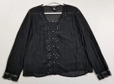 Elementz Top Women’s Medium M Black Long Sleeve Button Up Shirt Tank Sheer Lace - Image 1 of 4