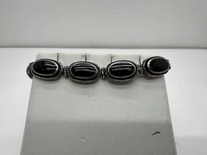 Vintage Thailand 925 Sterling Silver Black Onyx Oval Hinged Link Bracelet Sz 7.5 - Picture 1 of 8