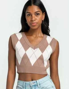 RSQ Tilly's Viscose Sleeveless V-Neck Argyle Preppy Sweater Vest Brown Junior M - Picture 1 of 6