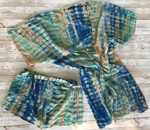 Boohoo 2-Piece Cover Up Set Women’s Sz L  Beach Shorts & Kimono blue/aqua/sand - Picture 1 of 5