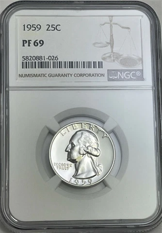 1959 NGC PF69 90% SILVER PROOF WASHINGTON QUARTER GREAT EYE APPEAL 25c WHITE LB Cover