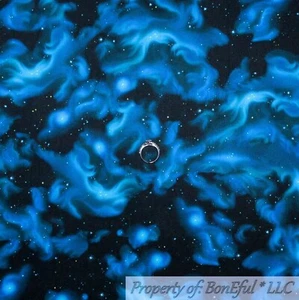 BonEful Fabric FQ Cotton Quilt Black Dark Night Blue Sky White Star Space Zodiac - Picture 1 of 15