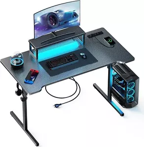 Small Gaming Desk LED Lights & Power Outlets Computer Stand Carbon Fiber Black - Picture 1 of 7