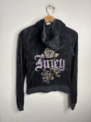 Y2K Juicy Couture Jacket Womens M Black Velour Zip Hoodie Juicy Back Graphic - Image 1 of 4