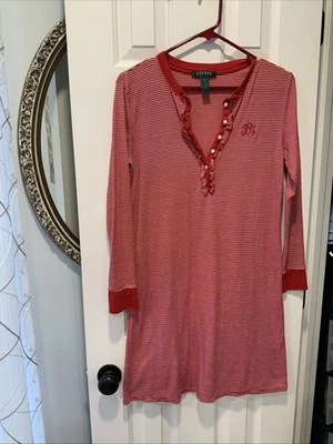 Ralph Lauren Red and White Stripe Sleep Shirt Gown SMALL - Image 1 of 4