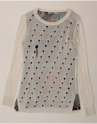 DESIGUAL Womens Boat Neck Jumper Sweater UK 10 Small White Polyester BG10 - Image 1 of 4