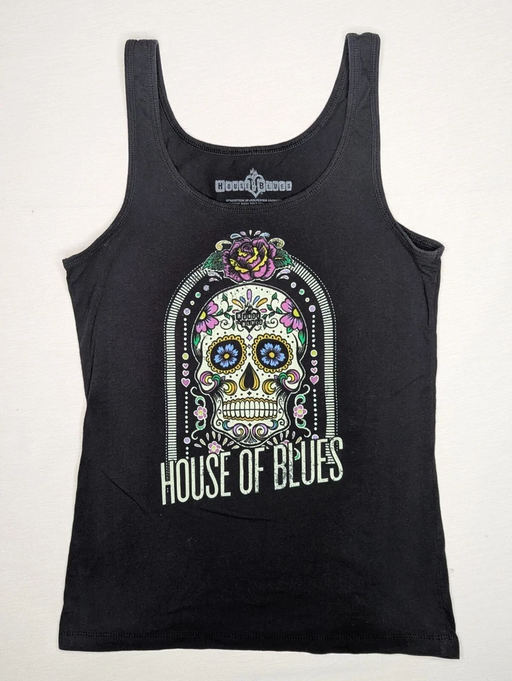 House of Blues Womans Очень Большая Черная Майка Сахарный Череп Розовый Дизайн - Изображение 1 из 4