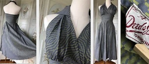 VTG 40s DEEDS JUNIOR HALTER DRESS COTTON SLATE BLUE LIME GREEN FULL SKIRT EUC XS - Picture 1 of 12