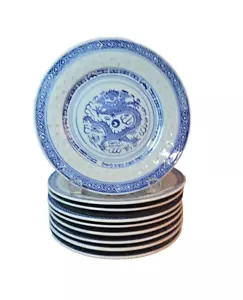 Jingdezhen Chinese Blue Dragon Rice Grain 7" Plates Set of 9 Porcelain - Picture 1 of 5