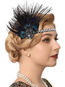 1920s Flapper Headpiece Black Feather Headband Rhinestone Headpieces Party Pr... - Picture 1 of 7