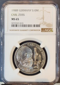 1988 GERMANY SILVER 10 MARK S10M CARL ZEISS NGC MS 65 GEM BU TOP POP - Picture 1 of 3