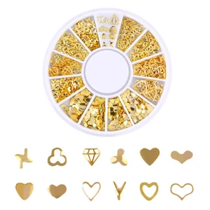 6 Boxes Gold Nail Charms Studs Rose Star Moon Feather Shape Metal Nail 3D Charm - Picture 1 of 24