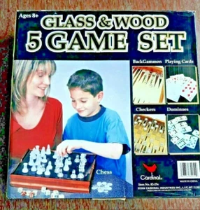 Glass & Wood 5 Game Set: Chess, Cards, Backgammon, Domino, Checker Complete - Picture 1 of 6
