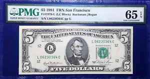 1981 $5 Federal Reserve Note Fr-1976-L San Francisco PMG65 Gem PPQ - Picture 1 of 4