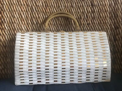 Vintage White & Gold Woven Handbag with Gold Hard Mesh Handles & Trim - Image 1 of 4