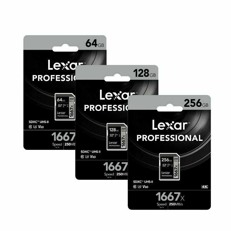 Lexar Professional 1667x 64GB 128GB 256GB SDHC SDXC Card UHS-II U3 CL10 250MB/s - Image 1 of 1