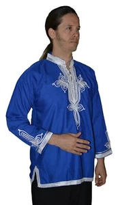 Moroccan Men Tunic Shirt Cafan Casual Handmade Embroidered Cotton X- Large BLue - Picture 1 of 5