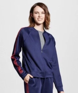 New Mossimo Womens Track Jacket Size Small Navy Zip Up Burgundy Sleeve Stripe - Picture 1 of 1