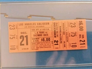 1969 Full Ticket Stub Los Angeles Rams Vs Baltimore Colts Football Stub See Pics - Bild 1 von 2