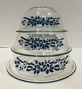 Vintage Pyrex Set of 3 Mixing Bowls Blue Floral Ribbons Clear Glass - Picture 1 of 13