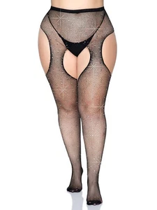 Pantyhose Women's Black Fishnet w Crystals Crotchless Suspender OS and Plus Size - Picture 1 of 5