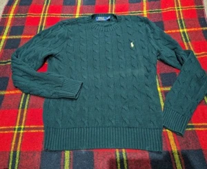 Ralph Lauren Sweater Womens Green Cable Knit Fisherman Cotton Little Pony Sz M - Picture 1 of 5